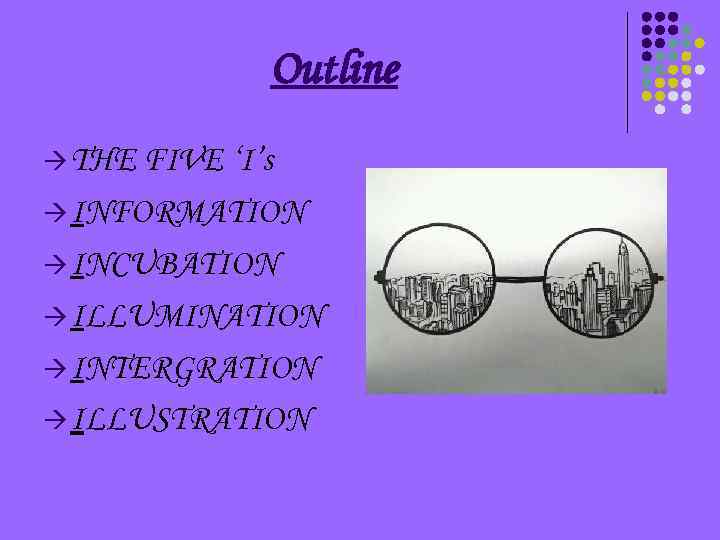 Outline THE FIVE ‘I’s INFORMATION INCUBATION ILLUMINATION INTERGRATION ILLUSTRATION 