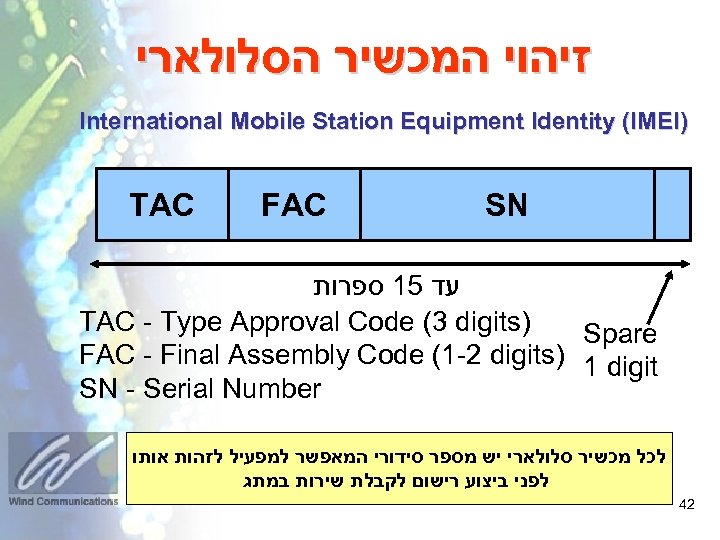  זיהוי המכשיר הסלולארי International Mobile Station Equipment Identity (IMEI) TAC FAC SN עד
