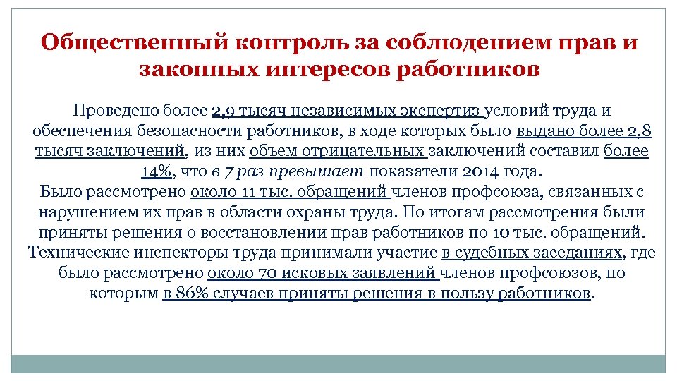 Общественный контроль за соблюдением прав и законных интересов работников Проведено более 2, 9 тысяч