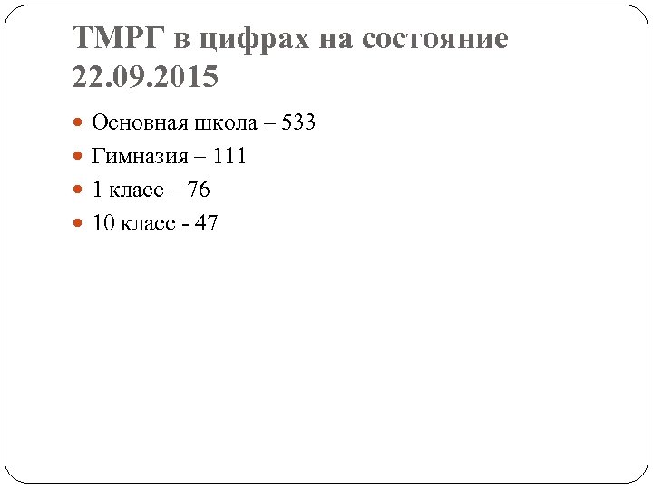 ТМРГ в цифрах на состояние 22. 09. 2015 Основная школа – 533 Гимназия –
