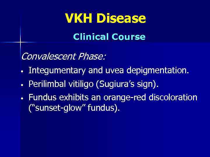 VKH Disease Clinical Course Convalescent Phase: • Integumentary and uvea depigmentation. • Perilimbal vitiligo