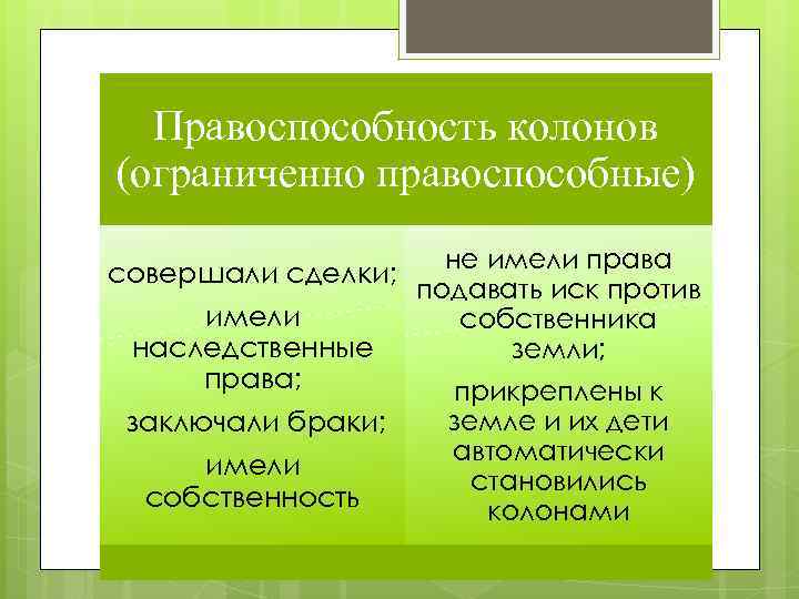 Правоспособность колонов (ограниченно правоспособные) не имели права совершали сделки; подавать иск против имели собственника