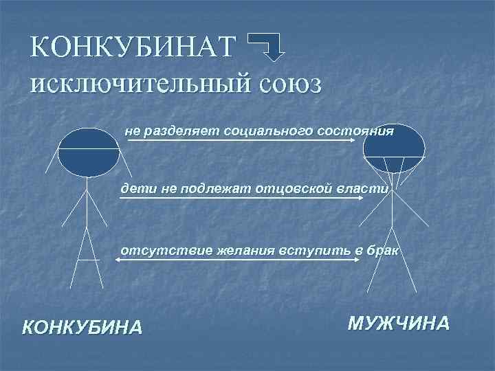 КОНКУБИНАТ исключительный союз не разделяет социального состояния дети не подлежат отцовской власти отсутствие желания