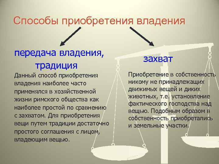 Способы приобретения владения передача владения, традиция Данный способ приобретения владения наиболее часто применялся в
