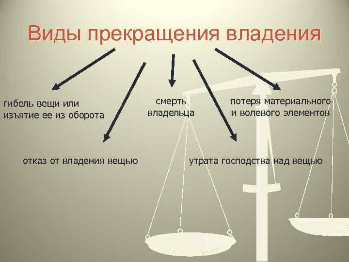 Виды прекращения владения гибель вещи или изъятие ее из оборота отказ от владения вещью
