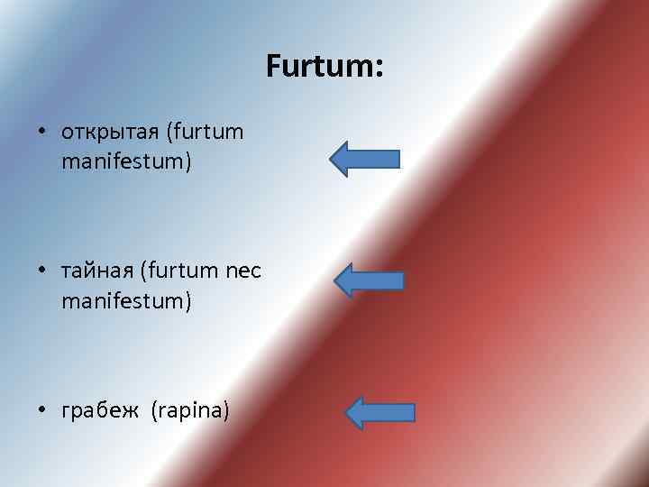 Furtum: • открытая (furtum manifestum) • тайная (furtum nec manifestum) • грабеж (rapina) 