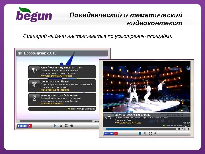 Поведенческий и тематический видеоконтекст Сценарий выдачи настраивается по усмотрению площадки. 