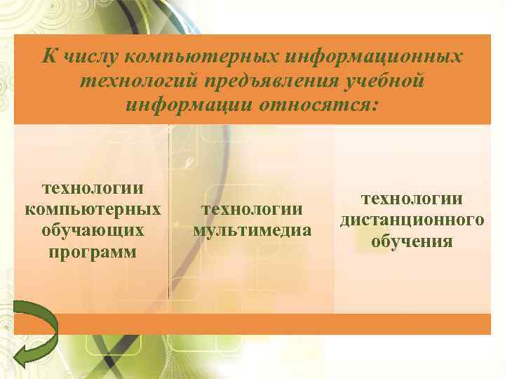 К числу компьютерных информационных технологий предъявления учебной информации относятся: технологии компьютерных обучающих программ технологии