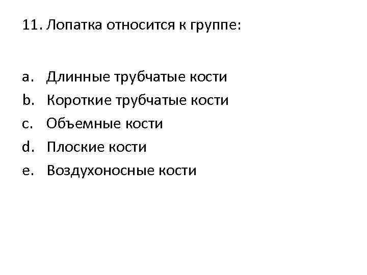 11. Лопатка относится к группе: a. b. c. d. e. Длинные трубчатые кости Короткие