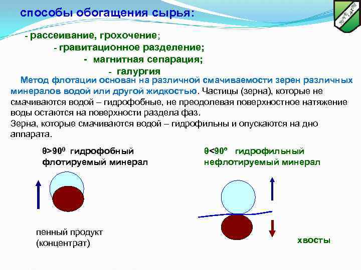  способы обогащения сырья: - рассеивание, грохочение; - гравитационное разделение; - магнитная сепарация; -