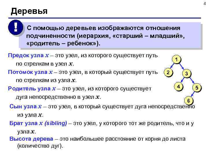 4 Деревья ! С помощью деревьев изображаются отношения подчиненности (иерархия, «старший – младший» ,