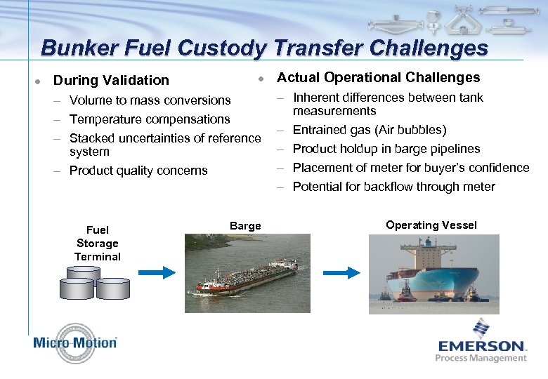 Bunker Fuel Custody Transfer Challenges l During Validation l – Volume to mass conversions