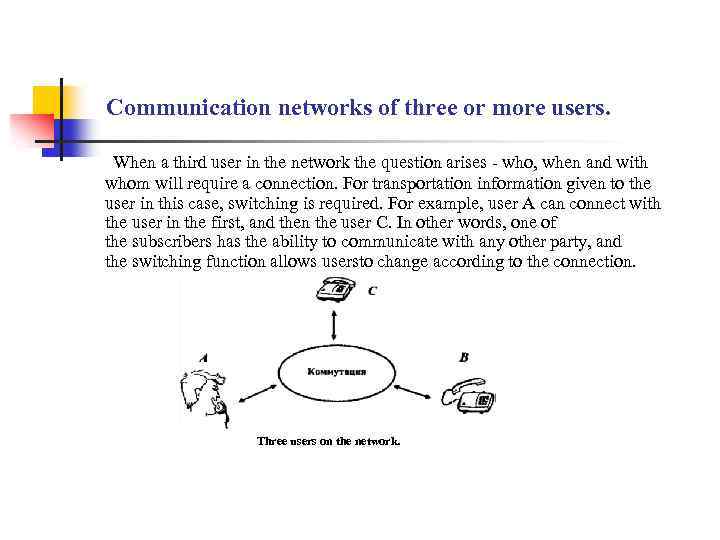 Communication networks of three or more users. When a third user in the network