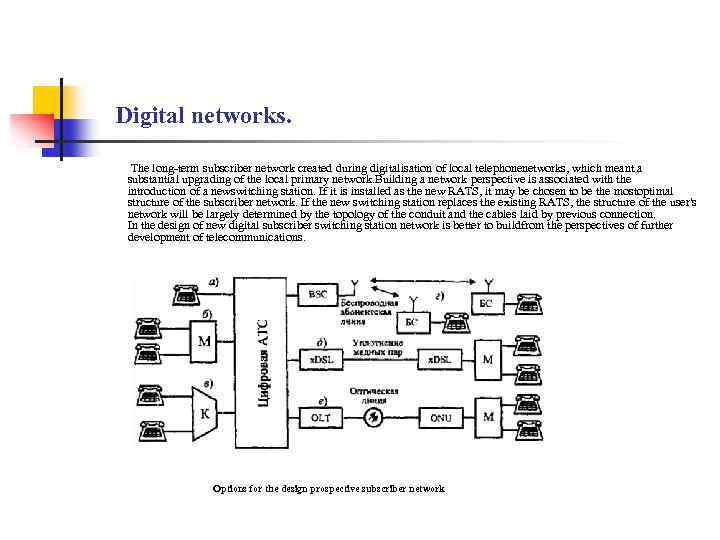  Digital networks. The long-term subscriber network created during digitalisation of local telephonenetworks, which