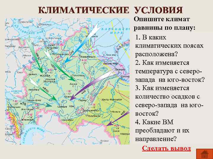 КЛИМАТИЧЕСКИЕ УСЛОВИЯ Опишите климат равнины по плану: 1. В каких Климат умеренноконтинетальный, климатических поясах