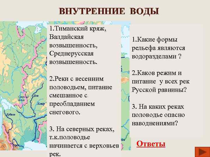 ВНУТРЕННИЕ ВОДЫ 1. Тиманский кряж, Валдайская возвышенность, Среднерусская возвышенность. 2. Реки с весенним половодьем,