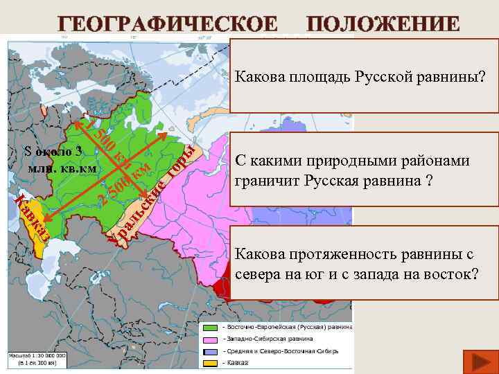 ГЕОГРАФИЧЕСКОЕ ПОЛОЖЕНИЕ Какова площадь Русской равнины? 1 ие ьс к С какими природными районами