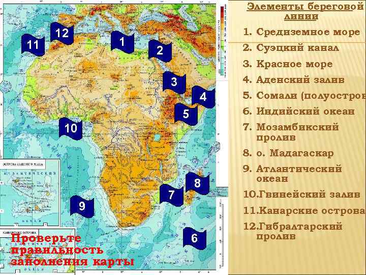 Элементы береговой линии 11 12 1 1. Средиземное море 2. Суэцкий канал 2 3.