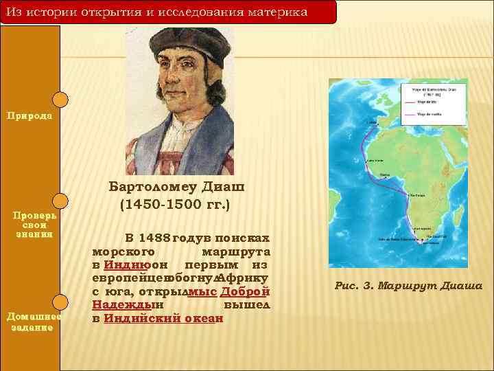 Из истории открытия и исследования материка Природа Проверь свои знания Домашнее задание Бартоломеу Диаш