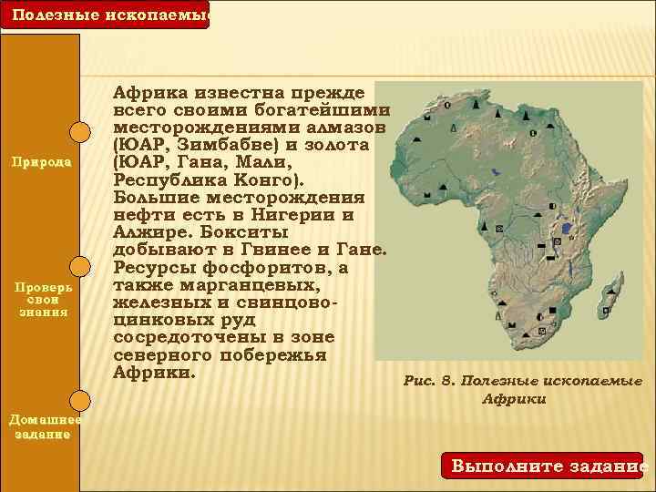 Полезные ископаемые Природа Проверь свои знания Африка известна прежде всего своими богатейшими месторождениями алмазов