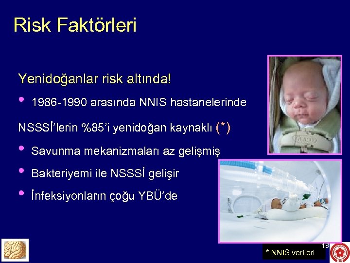 Risk Faktörleri Yenidoğanlar risk altında! • 1986 -1990 arasında NNIS hastanelerinde NSSSİ’lerin %85’i yenidoğan