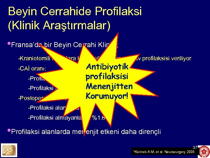 Beyin Cerrahide Profilaksi (Klinik Araştırmalar) • Fransa’da bir Beyin Cerrahi Kliniği; -Kraniotomili hastalara kloksasilin/Ko-amoksilav