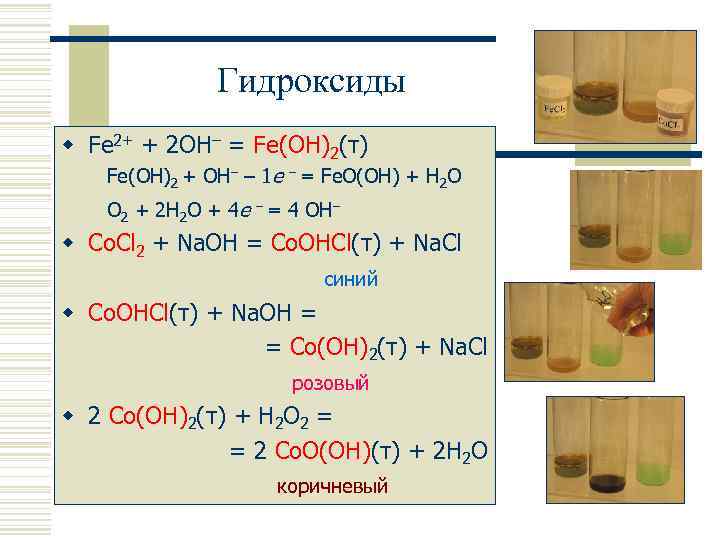 Гидроксиды w Fe 2+ + 2 OH– = Fe(OH)2(т) Fe(OH)2 + OH– – 1