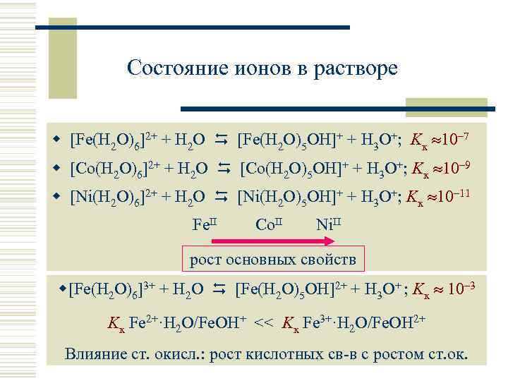 Состояние ионов в растворе w [Fe(Н 2 О)6]2+ + H 2 O [Fe(Н 2