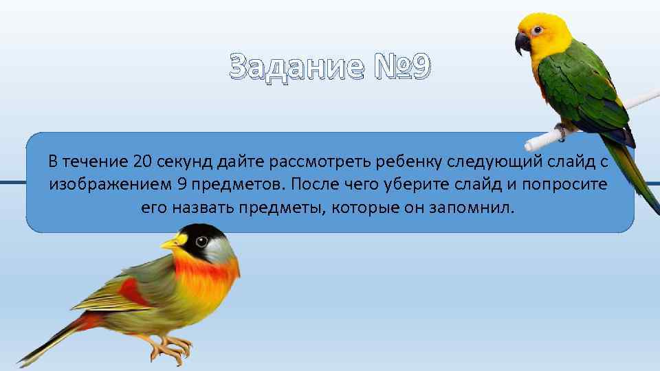 Задание № 9 В течение 20 секунд дайте рассмотреть ребенку следующий слайд с изображением