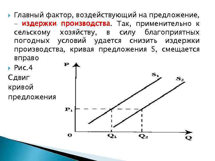 Главный фактор, воздействующий на предложение, – издержки производства. Так, применительно к сельскому хозяйству, в