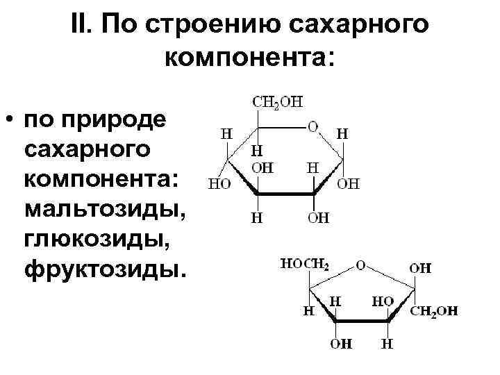 II. По строению сахарного компонента: • по природе сахарного компонента: мальтозиды, глюкозиды, фруктозиды. 