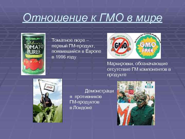 Отношение к ГМО в мире Томатное пюре – первый ГМ-продукт, появившийся в Европе в