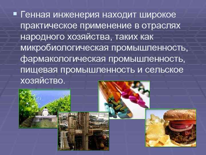 § Генная инженерия находит широкое практическое применение в отраслях народного хозяйства, таких как микробиологическая