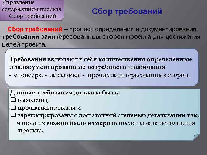 Управление содержанием проекта Сбор требований – процесс определения и документирования требований заинтересованных сторон проекта