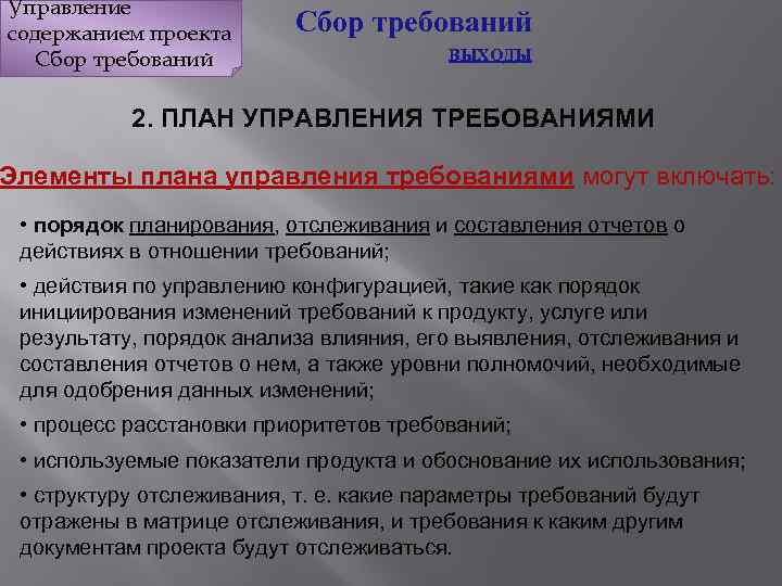 Управление содержанием проекта Сбор требований ВЫХОДЫ 2. ПЛАН УПРАВЛЕНИЯ ТРЕБОВАНИЯМИ Элементы плана управления требованиями