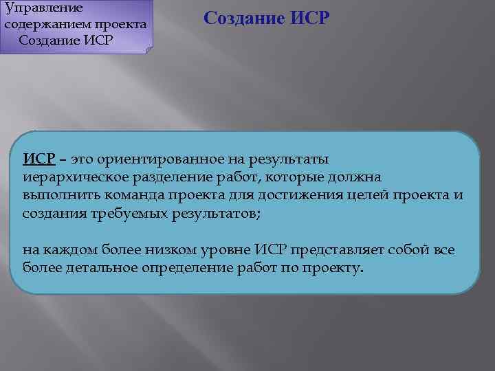 Управление содержанием проекта Создание ИСР ИСР – это ориентированное на результаты иерархическое разделение работ,