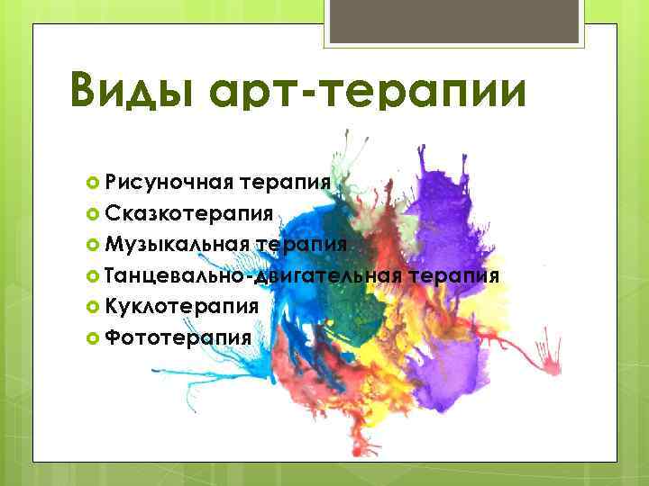 Виды арт-терапии Рисуночная терапия Сказкотерапия Музыкальная терапия Танцевально-двигательная терапия Куклотерапия Фототерапия 
