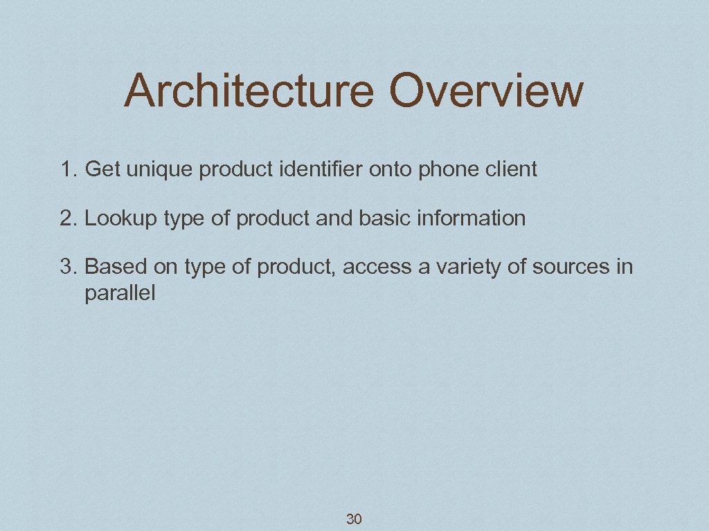 Architecture Overview 1. Get unique product identifier onto phone client 2. Lookup type of