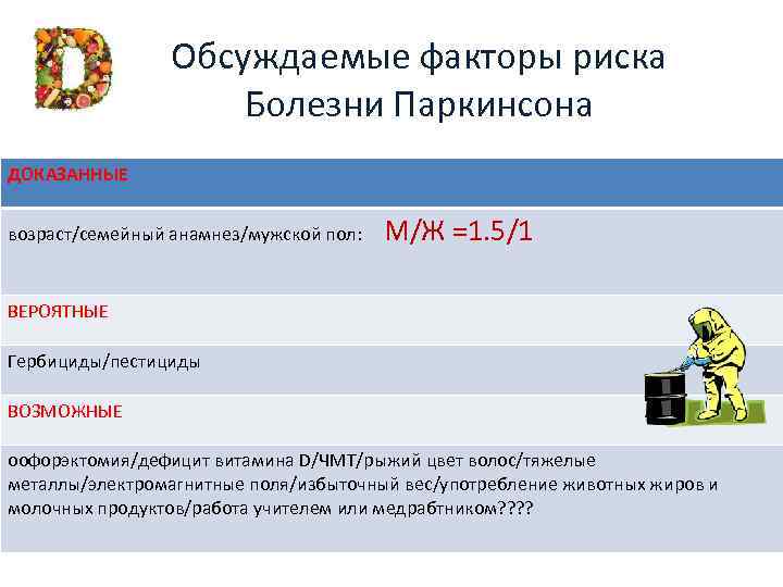 Обсуждаемые факторы риска Болезни Паркинсона ДОКАЗАННЫЕ возраст/семейный анамнез/мужской пол: M/Ж =1. 5/1 ВЕРОЯТНЫЕ Гербициды/пестициды