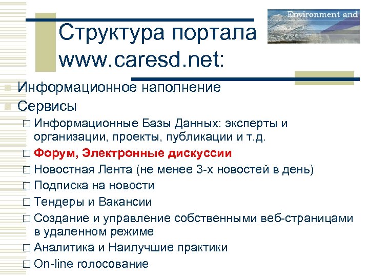 Структура портала www. caresd. net: n n Информационное наполнение Сервисы ¨ Информационные Базы Данных: