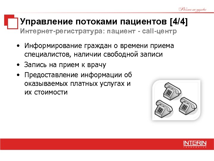 Управление потоками пациентов [4/4] Интернет-регистратура: пациент - call-центр • Информирование граждан о времени приема