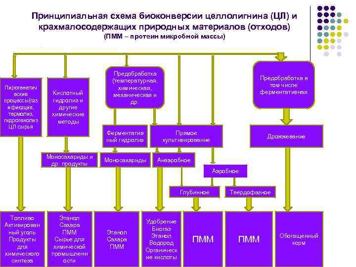 Принципиальная схема биоконверсии целлолигнина (ЦЛ) и крахмалосодержащих природных материалов (отходов) (ПММ – протеин микробной