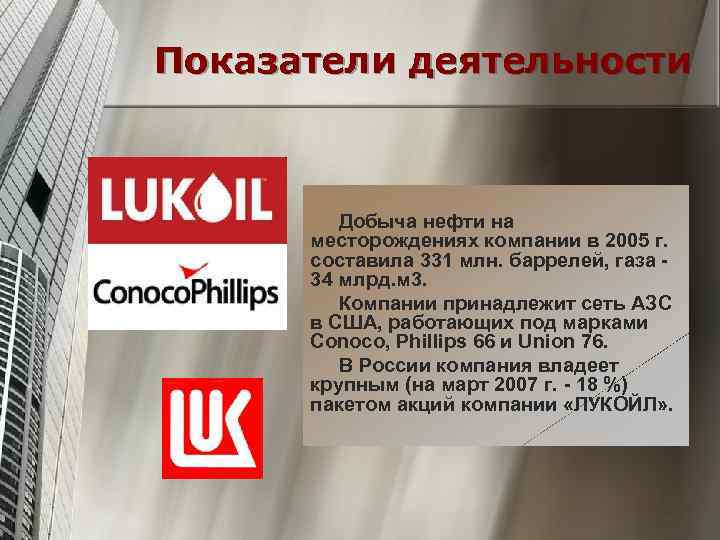 Показатели деятельности Добыча нефти на месторождениях компании в 2005 г. составила 331 млн. баррелей,