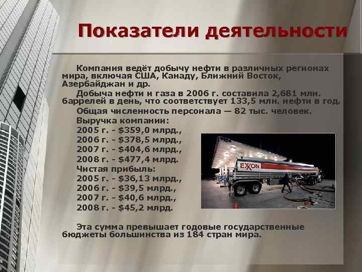 Показатели деятельности Компания ведёт добычу нефти в различных регионах мира, включая США, Канаду, Ближний