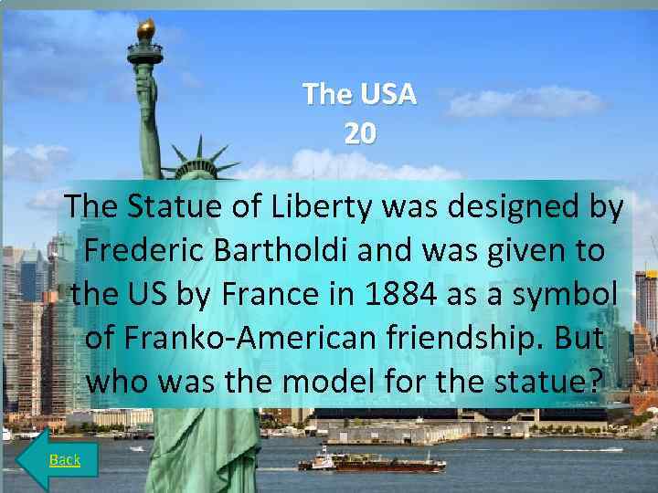 The USA 20 The Statue of Liberty was designed by Frederic Bartholdi and was