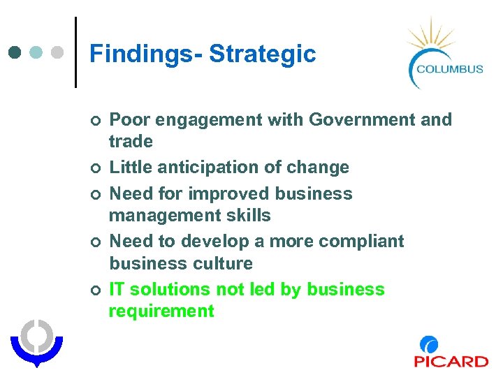 Findings- Strategic ¢ ¢ ¢ Poor engagement with Government and trade Little anticipation of
