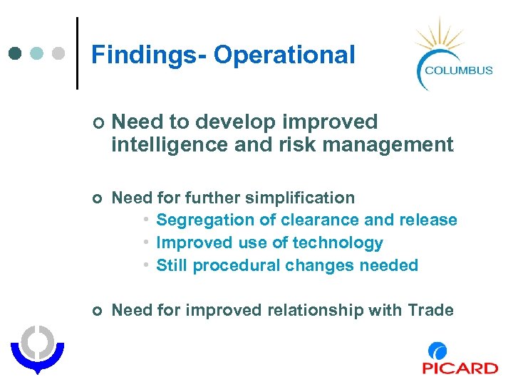 Findings- Operational ¢ Need to develop improved intelligence and risk management ¢ Need for