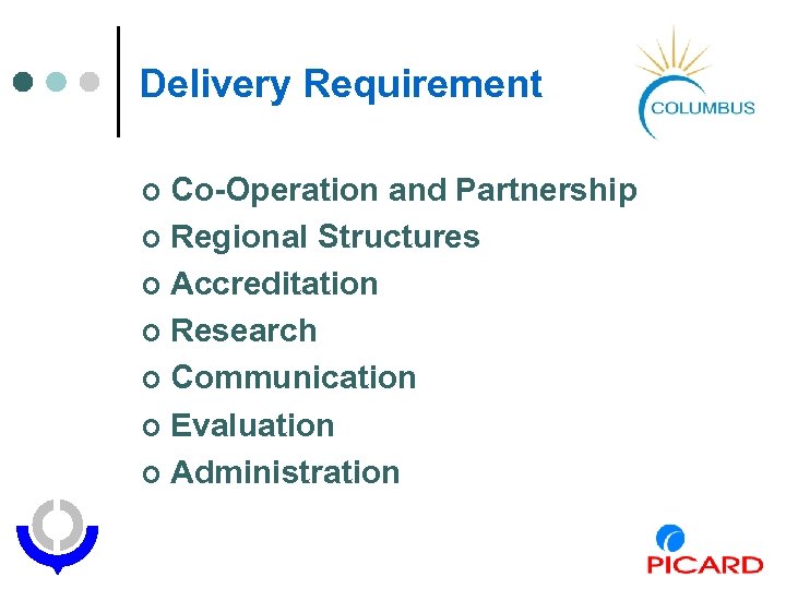 Delivery Requirement Co-Operation and Partnership ¢ Regional Structures ¢ Accreditation ¢ Research ¢ Communication