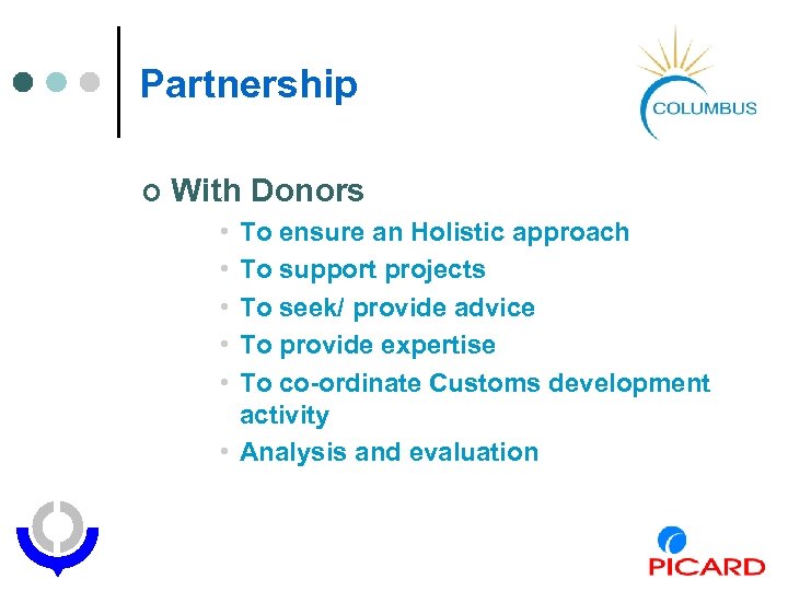 Partnership ¢ With Donors • • • To ensure an Holistic approach To support