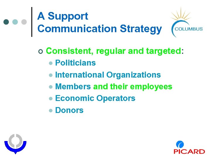 A Support Communication Strategy ¢ Consistent, regular and targeted: Politicians l International Organizations l